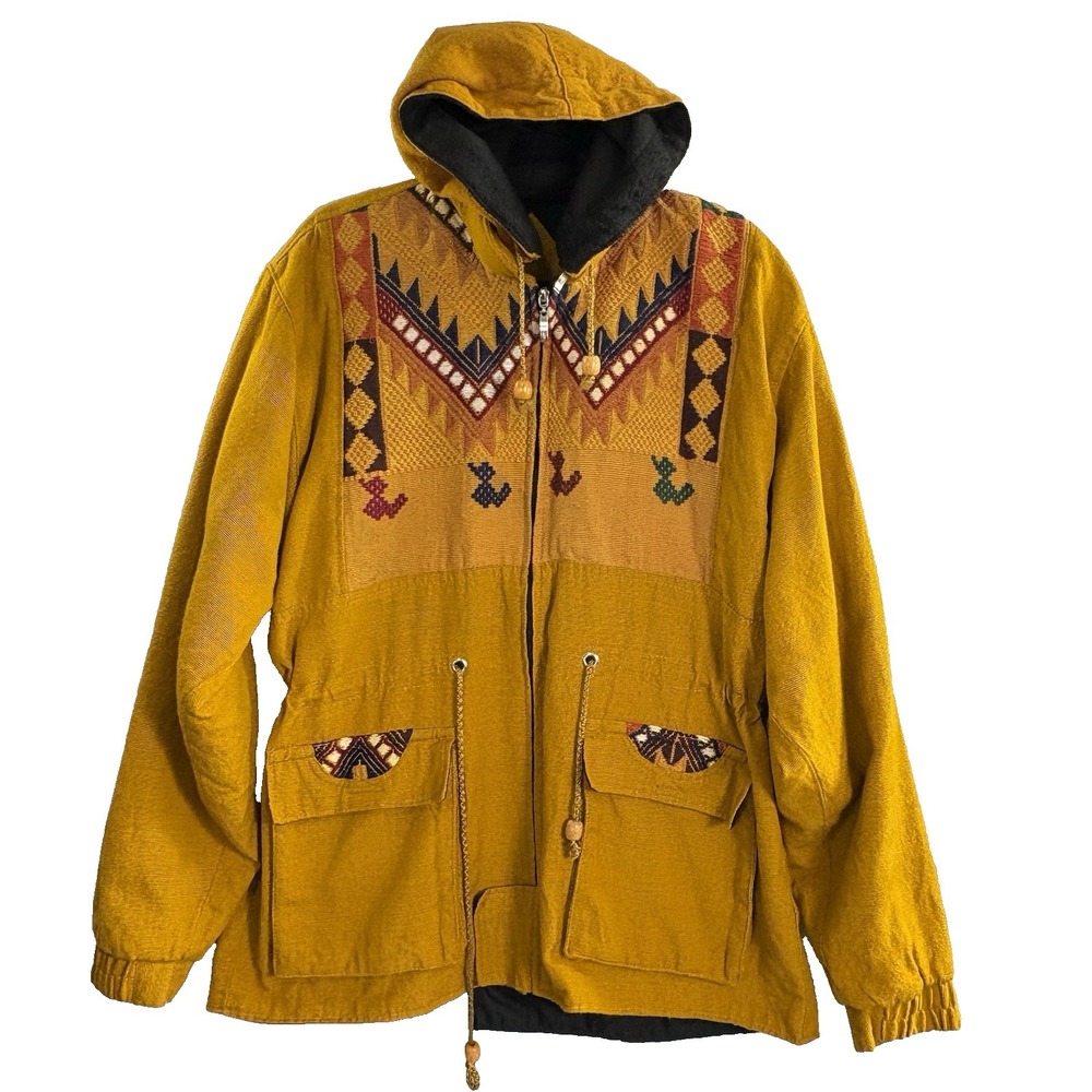Aztec Coat Women Textured Embroidered Detach Hood Full Zip Sz‎ L Orange C-C